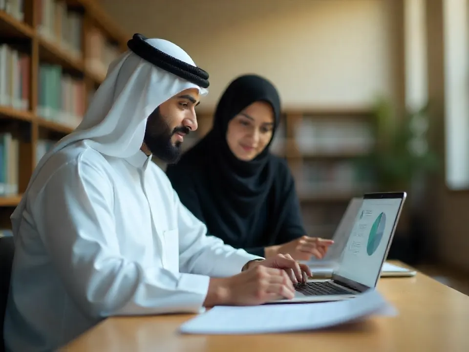 باحثان يراجعان نتائج تحليل بيانات على الحاسوب في مكتبة جامعية